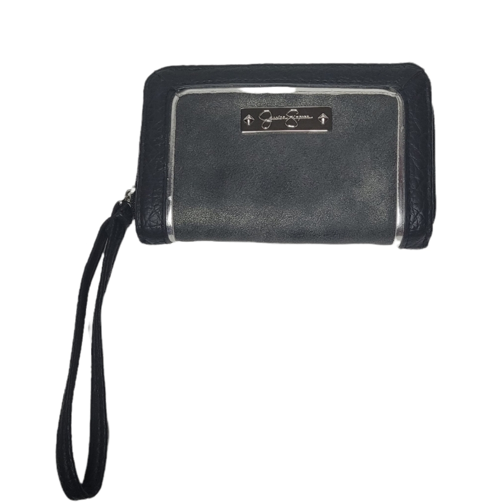 EUC Jessica Simpson gray and leopard print wallet with wrist strap